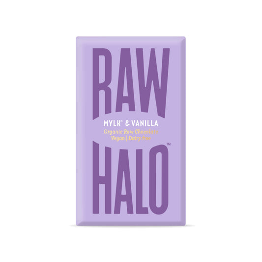 Raw Halo milk and vanilla vegan chocolate bar, 22g.