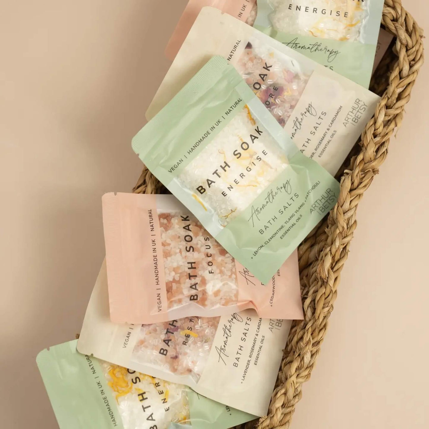 Basket of mixed Arthur Betsy bath salts including Focus and Energise