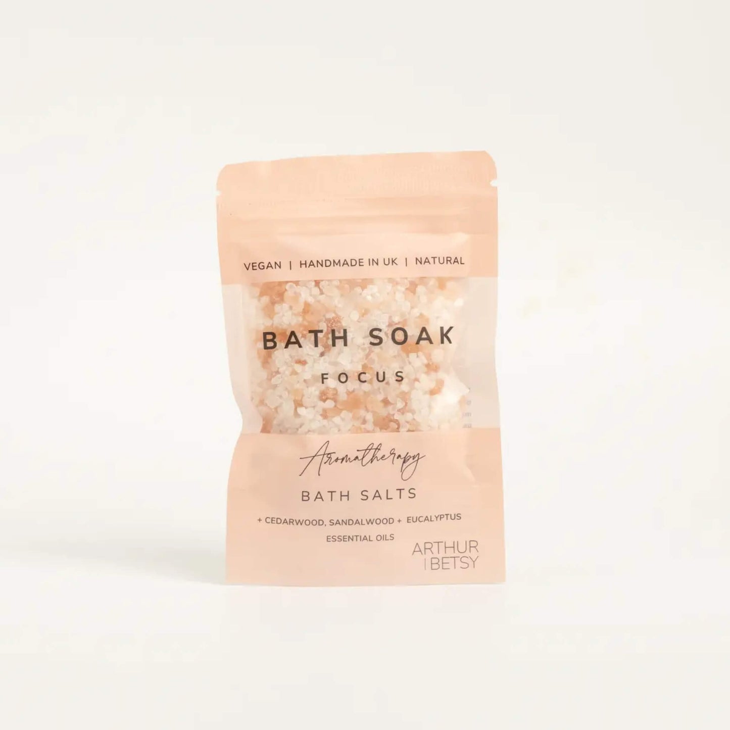 Arthur Betsy Focus Bath Salts in pink printed pouch, handmade in the UK