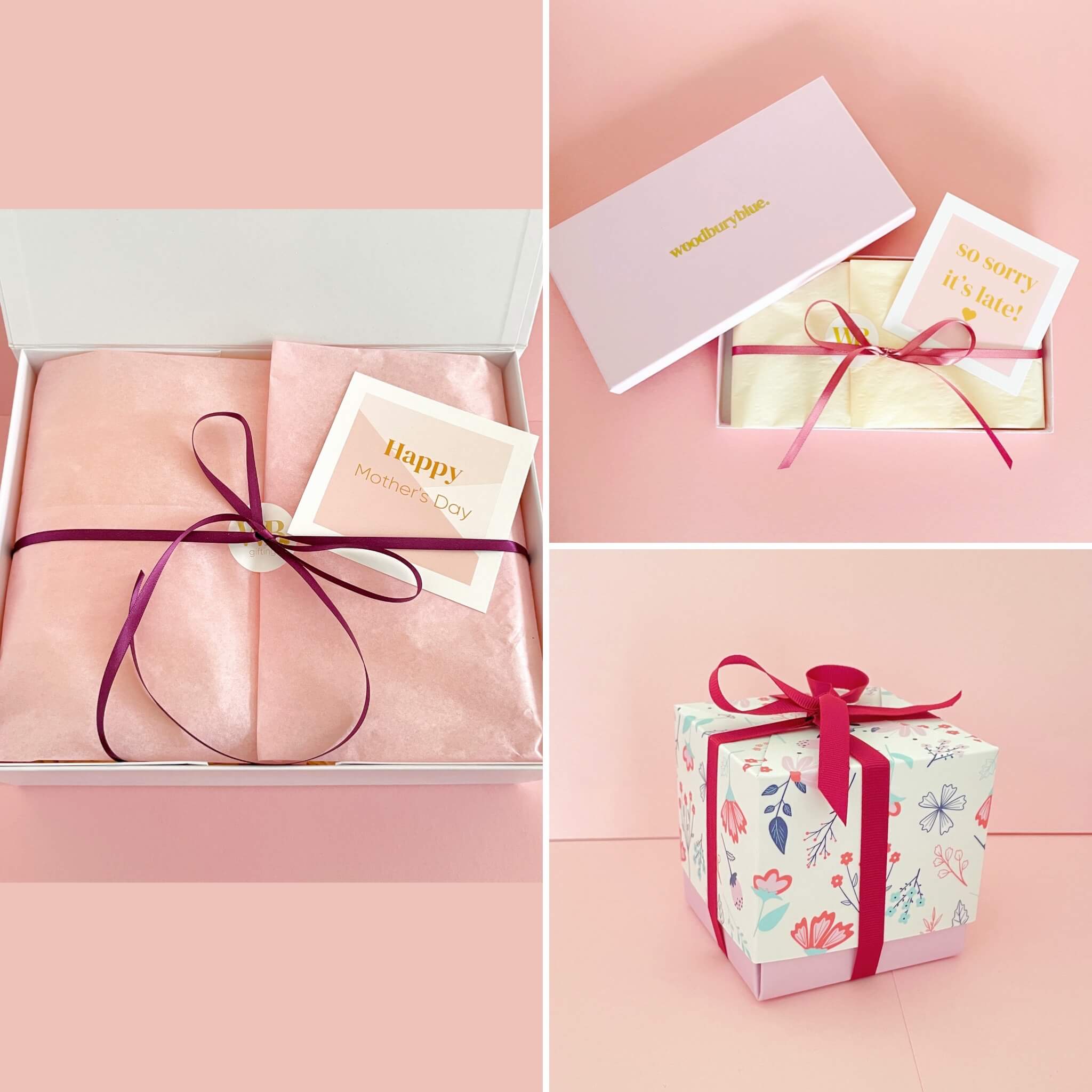 Gift boxes showing the gift packaging, ribbon and notecards