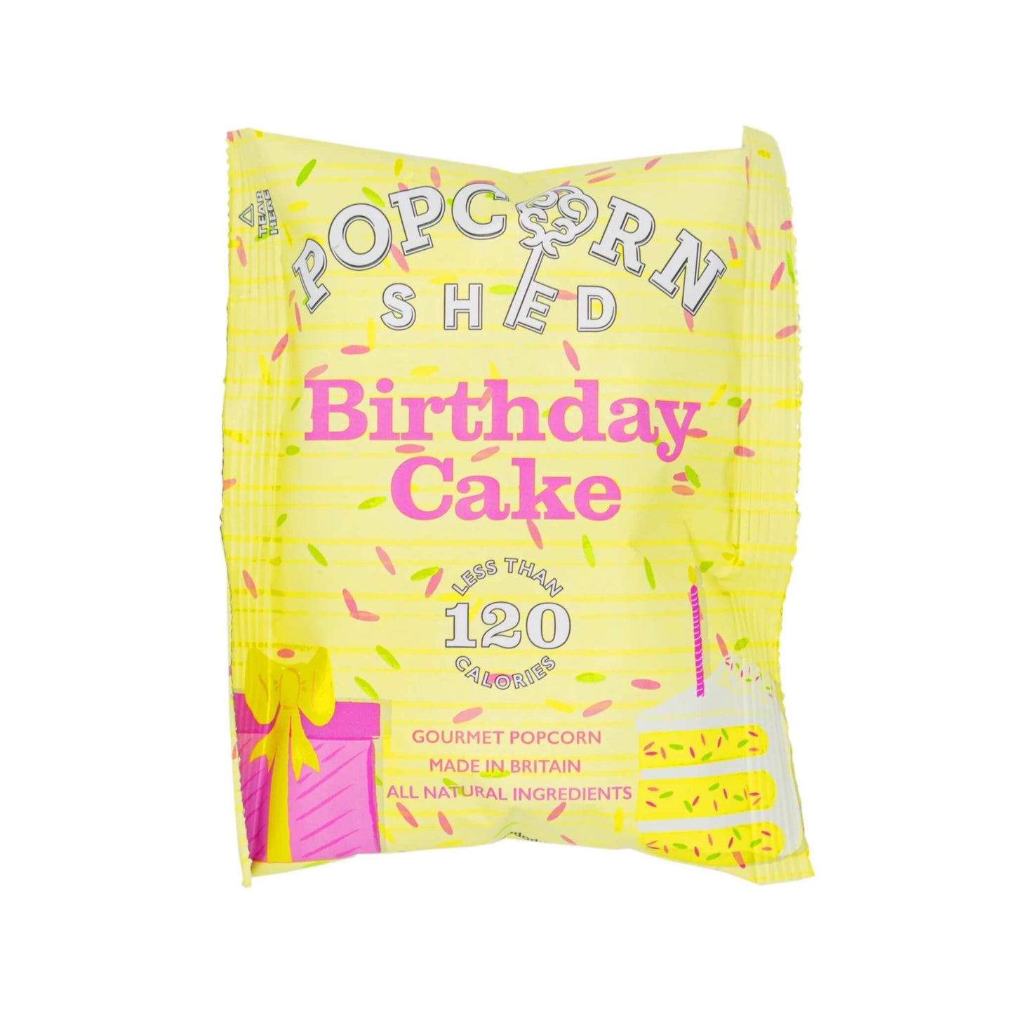 Popcorn Shed Birthday Cake Gourmet Popcorn 24g sachet with yellow packaging and rainbow sprinkles.