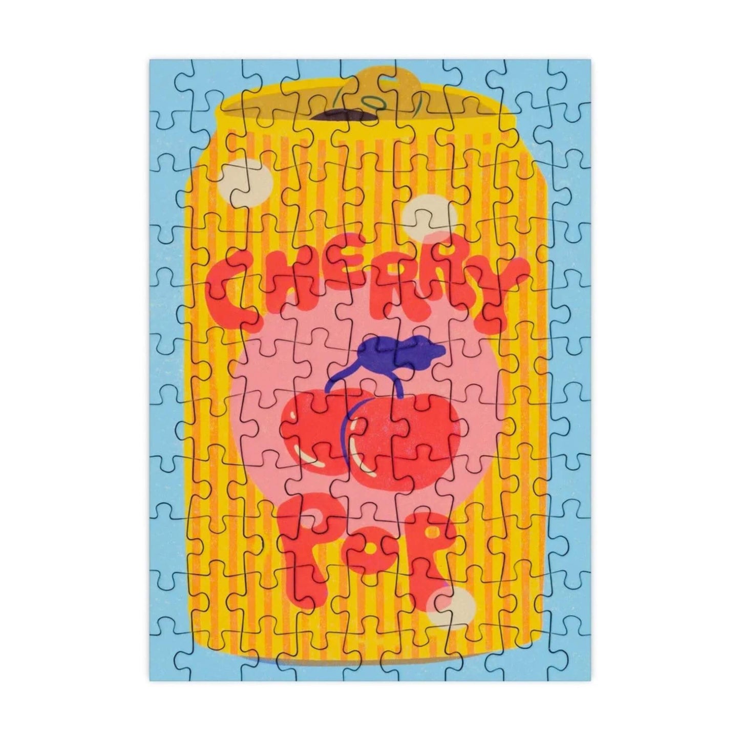Completed Cherry Pop 99 piece mini jigsaw puzzle featuring a colourful illustrated cherry drinks can