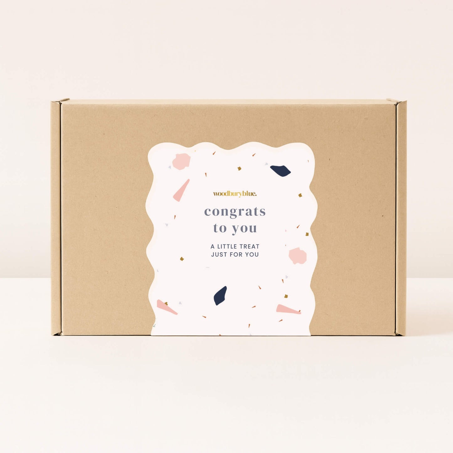 Kraft gift box with terrazzo style congrats to you sticker from Woodbury Blue