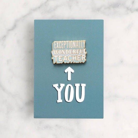 Exceptionally Wonderful Teacher enamel pin badge on blue backing card