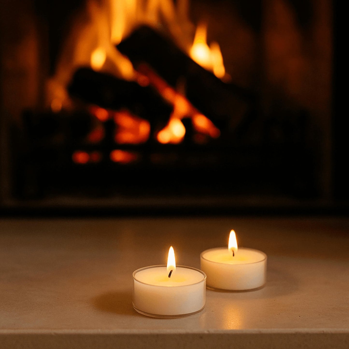 Two tea light candles lit in front of a fireplace with flames.