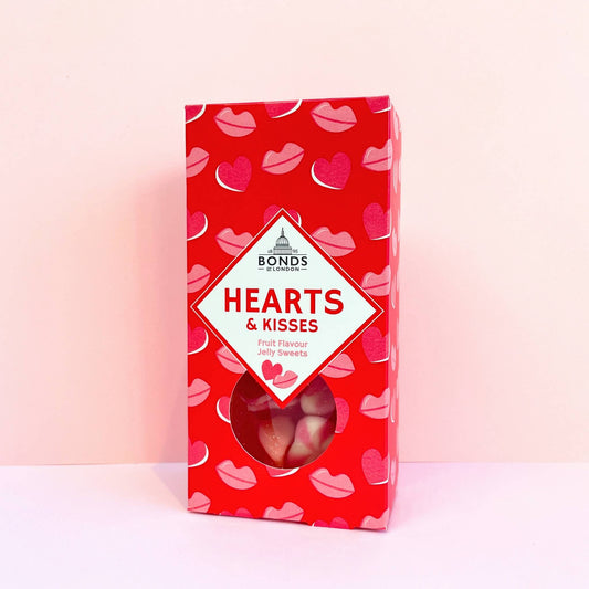 A box of Hearts and Kisses fruit flavour jelly sweets with a red and pink packaging, featuring heart and lip designs.
