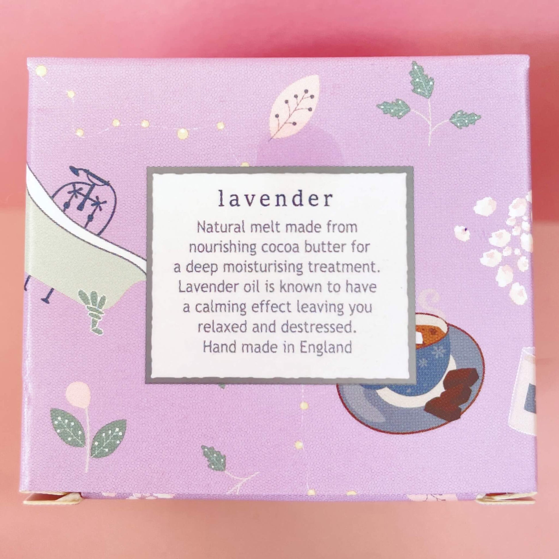 Product description for Wild Olive lavender bath melt – handmade cocoa butter treatment with calming effects