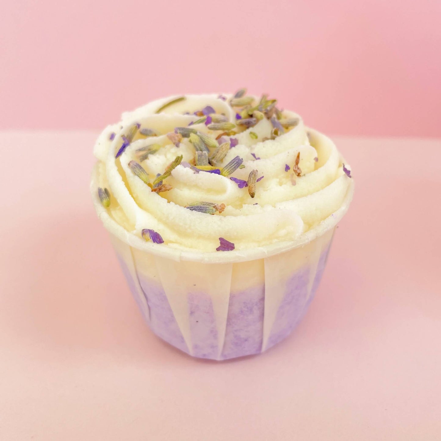 Side view of handmade lavender bath melt – natural cocoa butter swirl with relaxing aromatherapy scent