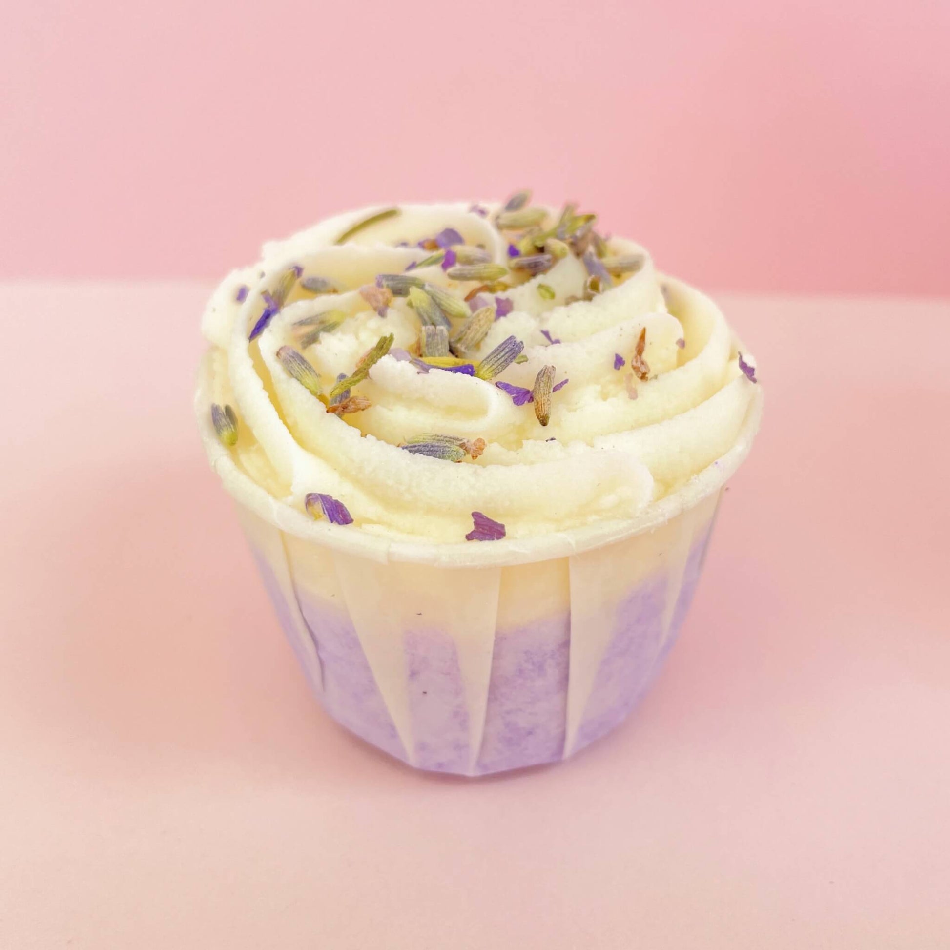 Side view of handmade lavender bath melt – natural cocoa butter swirl with relaxing aromatherapy scent