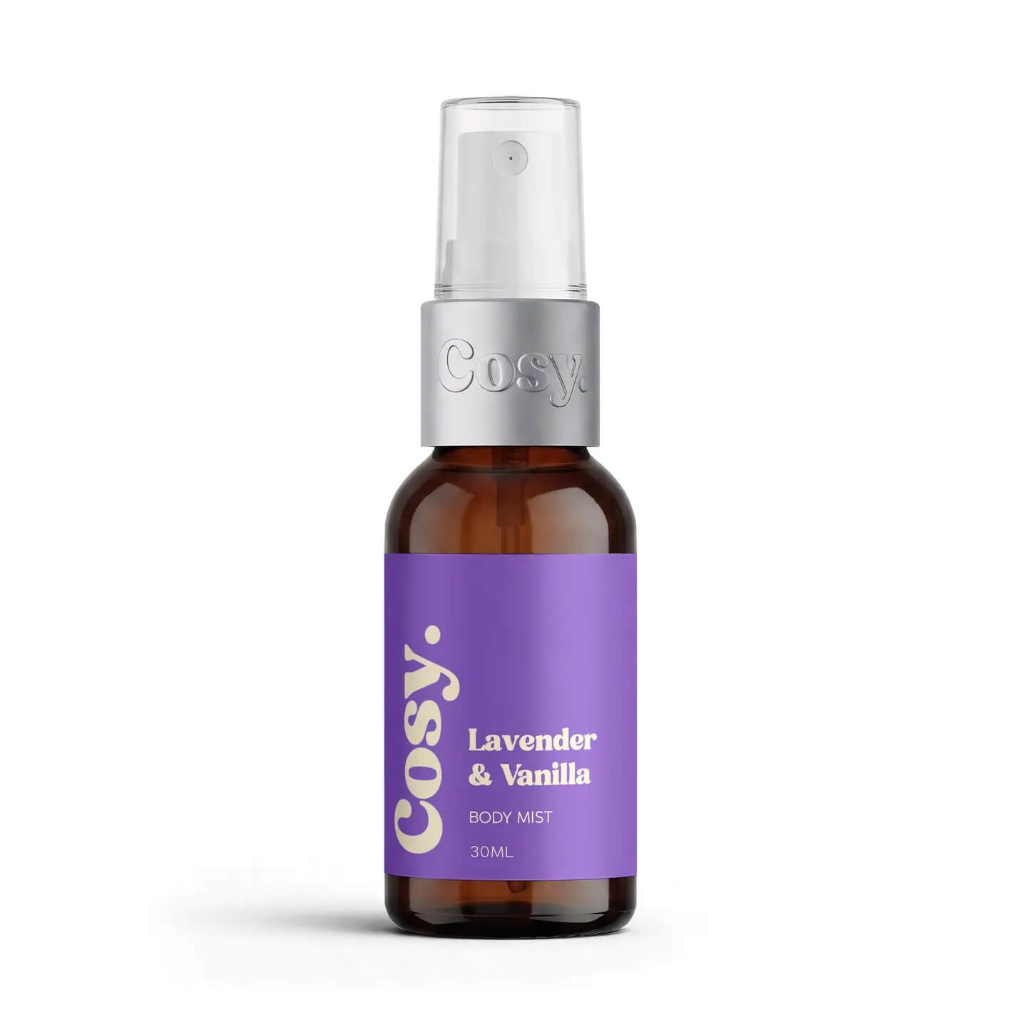 Lavender & Vanilla Body Mist by Cosy Cosmetics in a 30ml spray bottle.