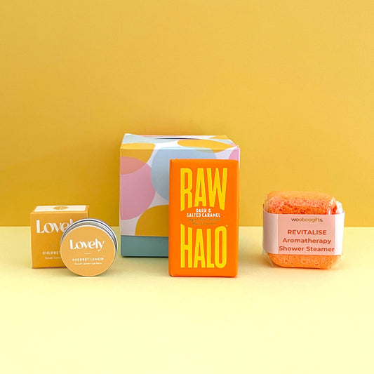 Yellow themed curated gift box filled with treats