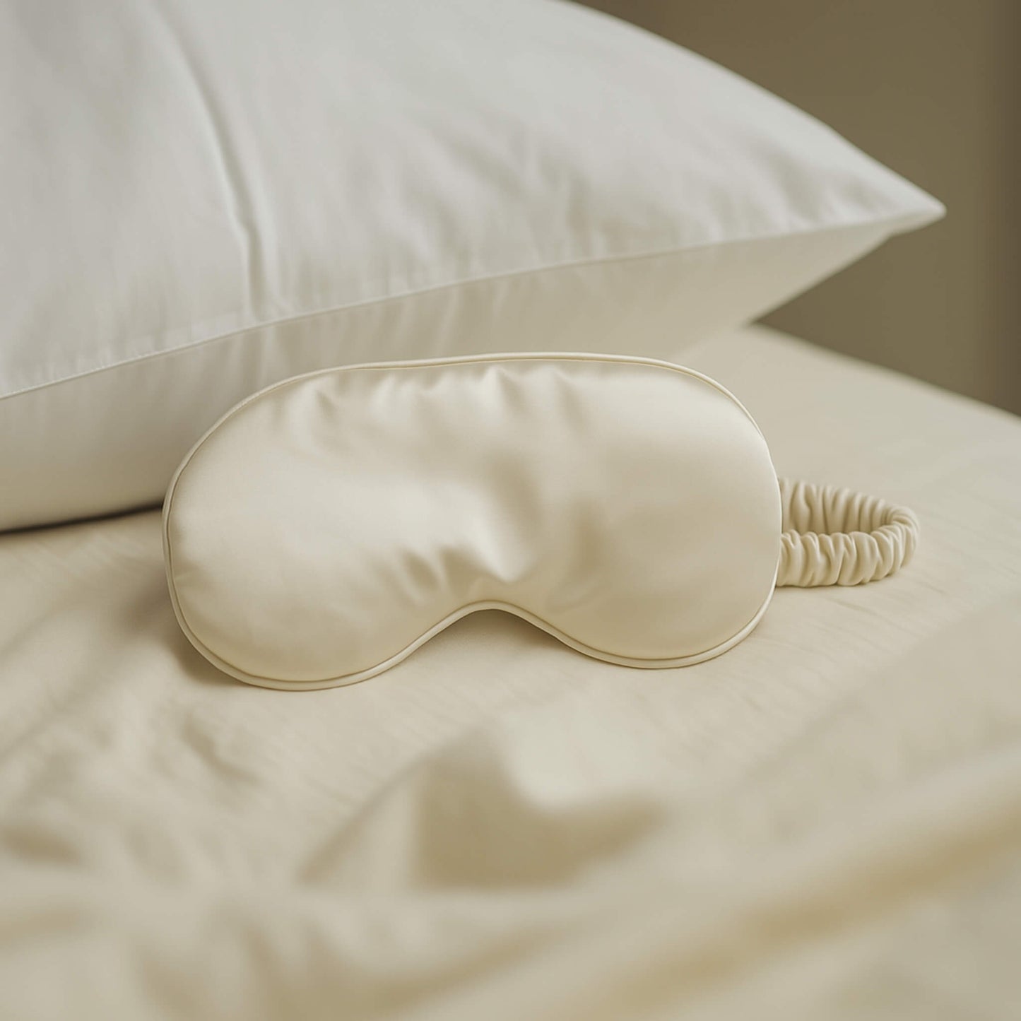 satin sleep mask on a bed next to a pillow