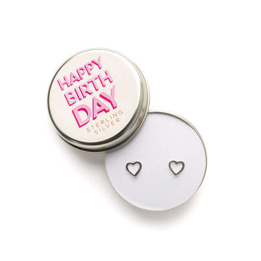 Silver heart shaped earrings in a happy birthday keepsake tin with pink lettering