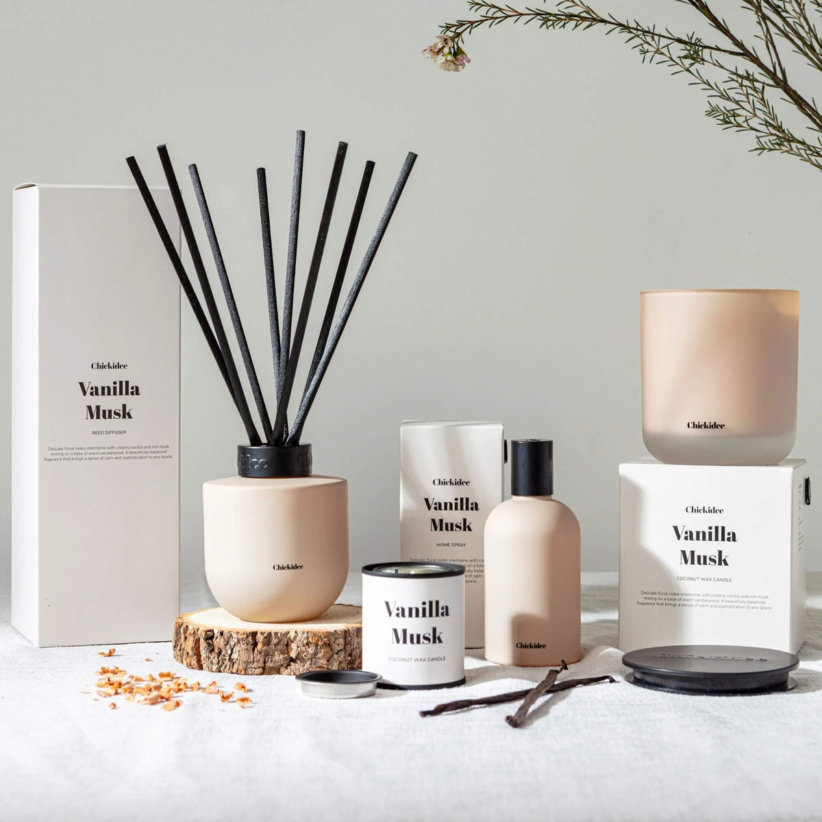 Vanilla Musk home fragrance collection with room spray, reed diffuser and coconut wax candles