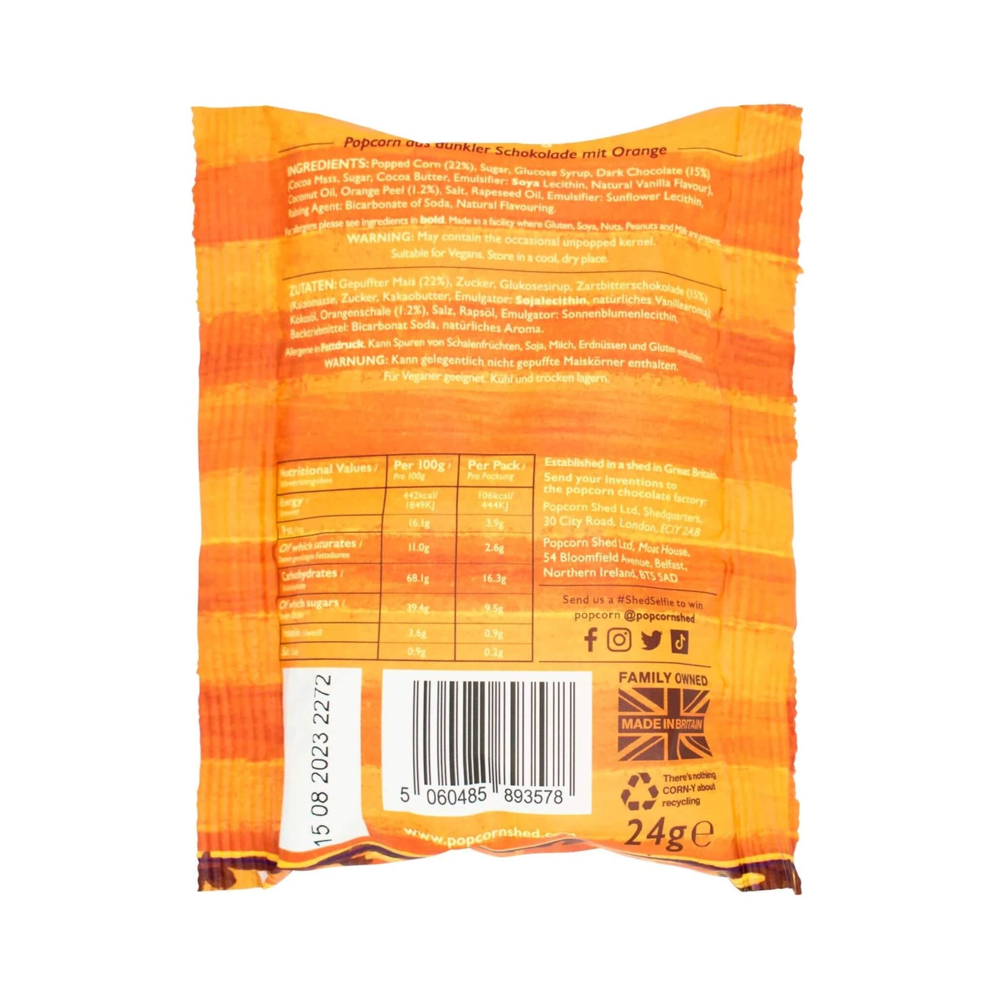 Back of Vegan Chocolate Orange Gourmet Popcorn sachet with ingredients and nutritional information.