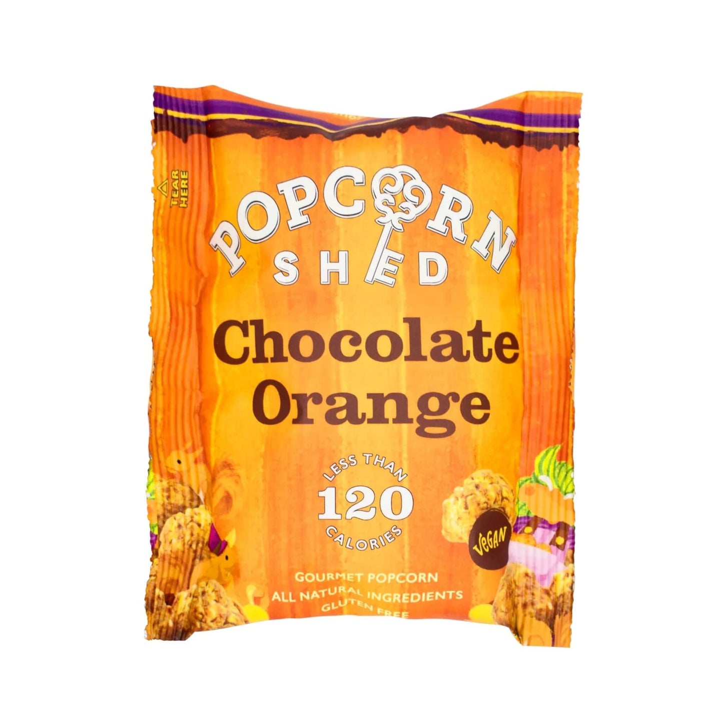 Front of Popcorn Shed Vegan Chocolate Orange Gourmet Popcorn sachet showing orange packaging and under 120 calories label.