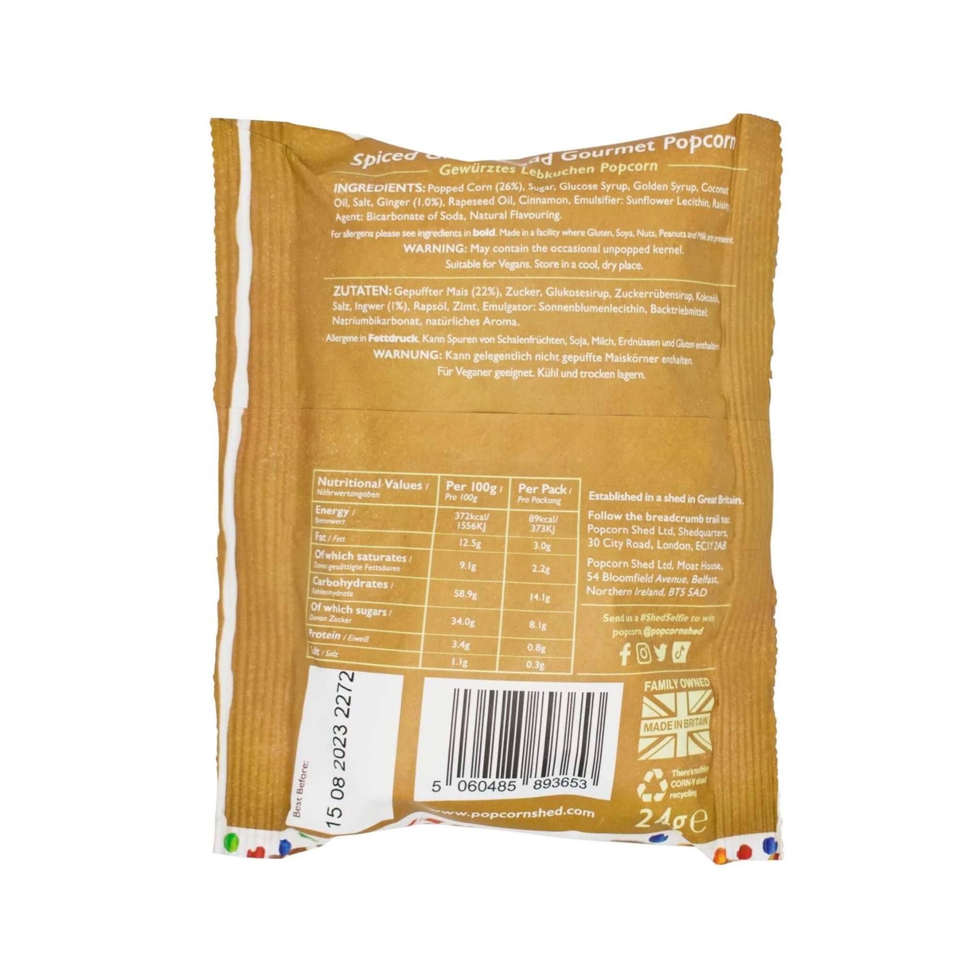 Back of Vegan Gingerbread Popcorn sachet showing nutritional information and ingredients list.