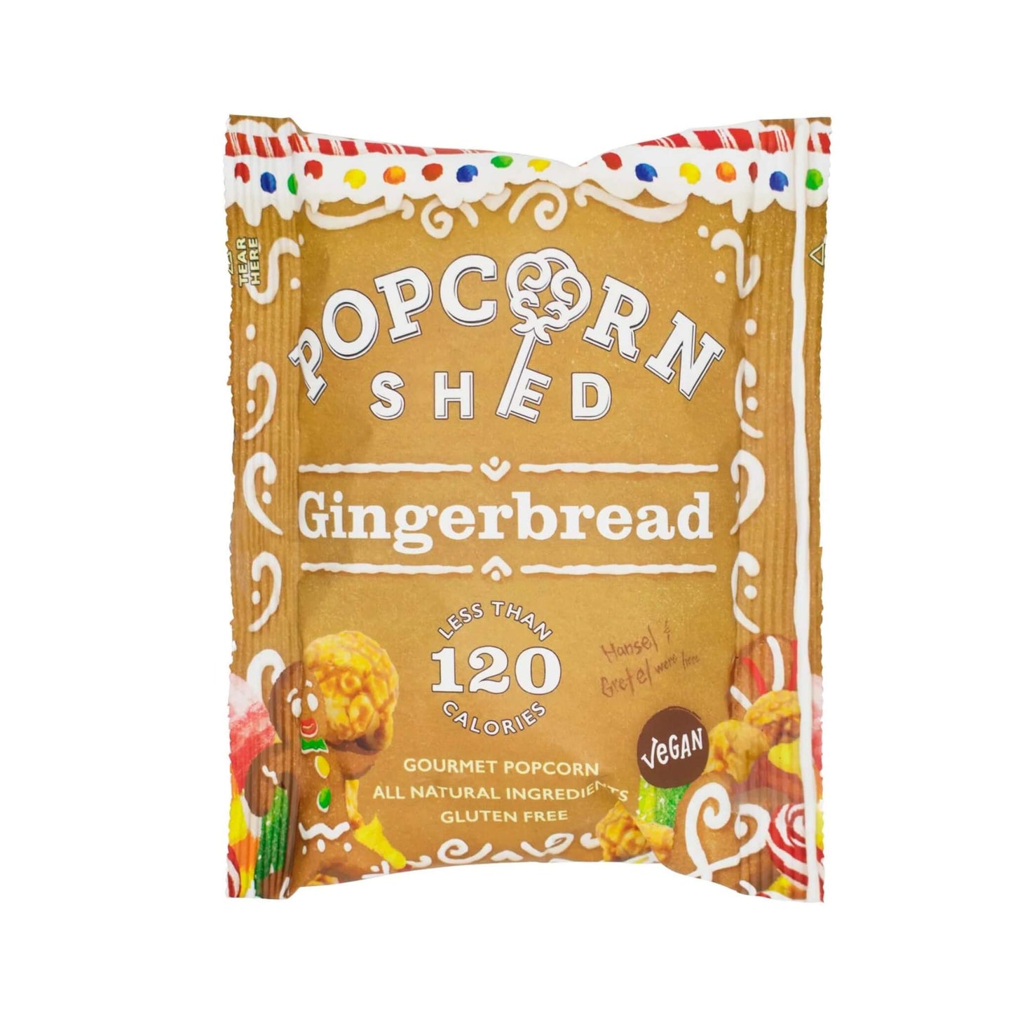 Front of Popcorn Shed Vegan Gingerbread Popcorn 24g sachet with festive design and under 120 calories label.