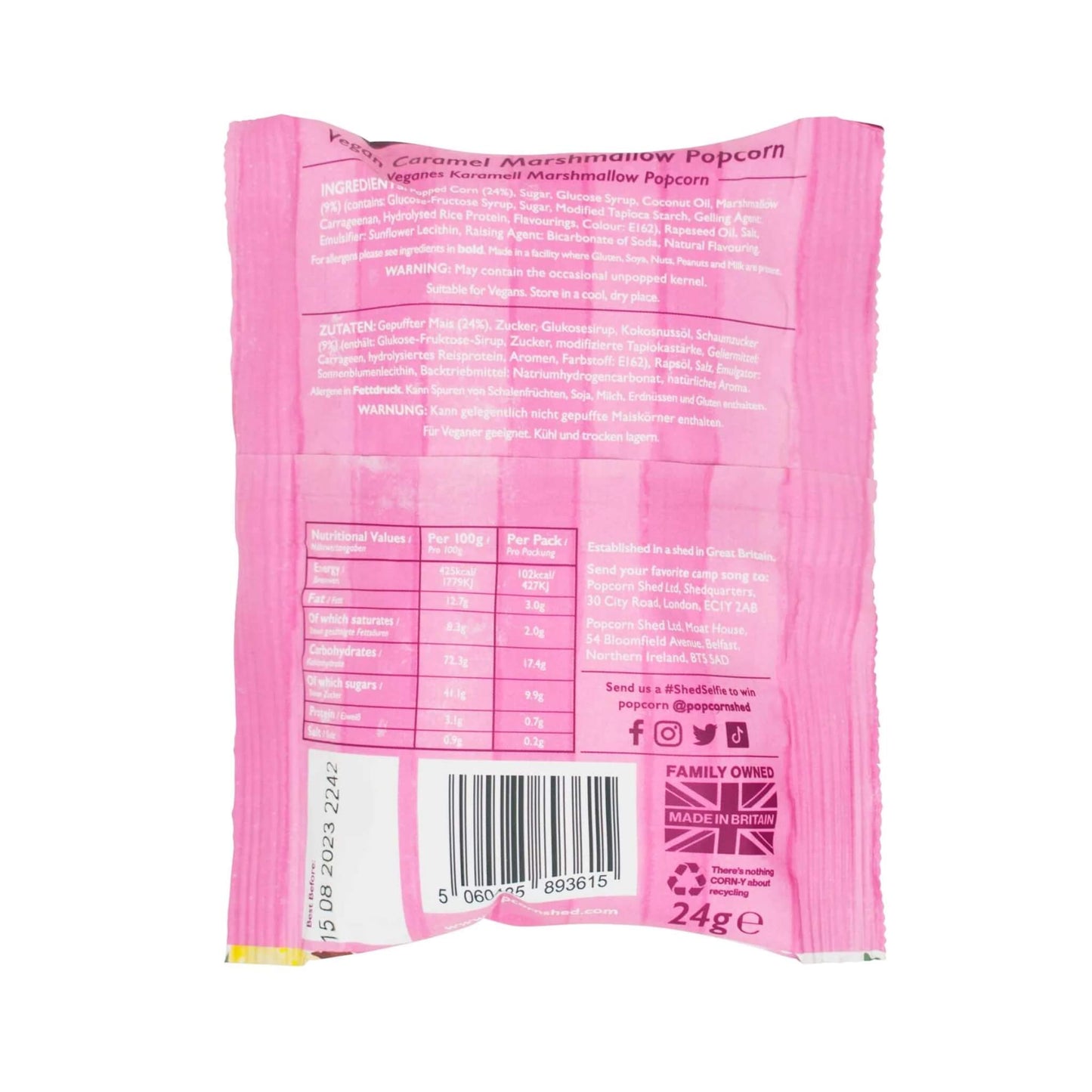 Back of Vegan Toasted Marshmallow popcorn sachet showing ingredients and nutritional information.