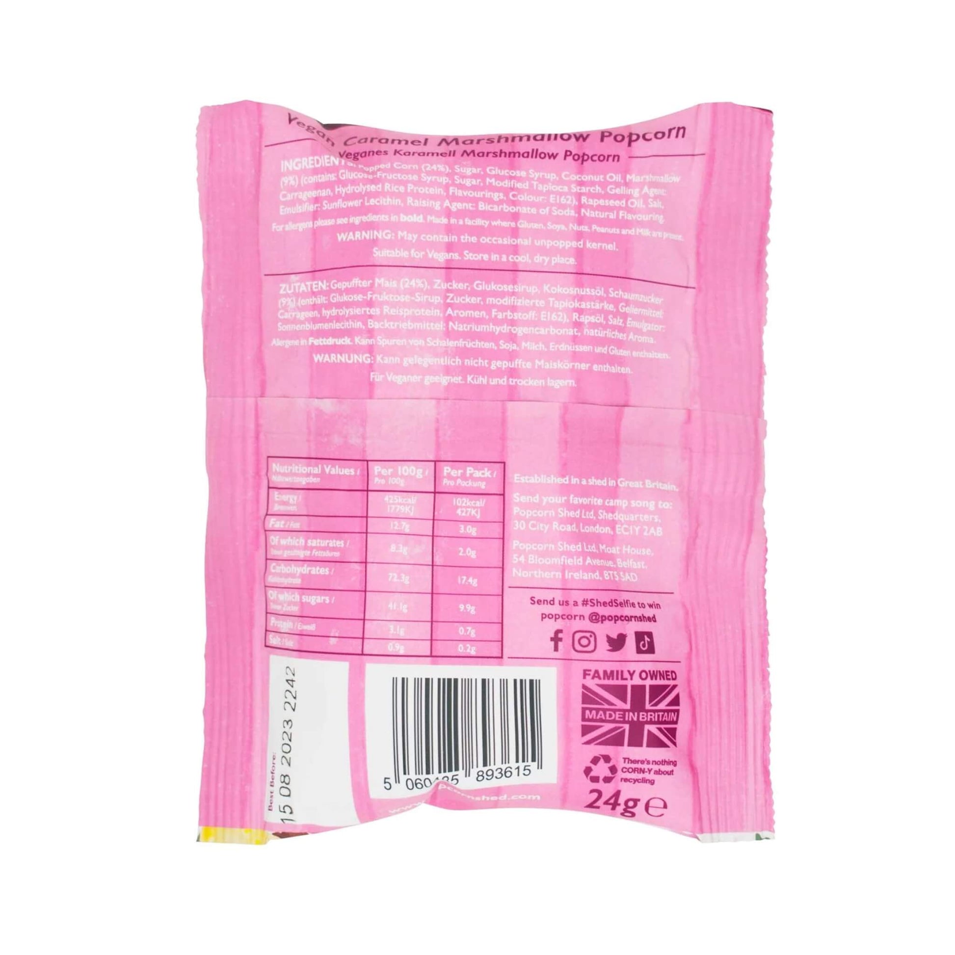 Back of Vegan Toasted Marshmallow popcorn sachet showing ingredients and nutritional information.