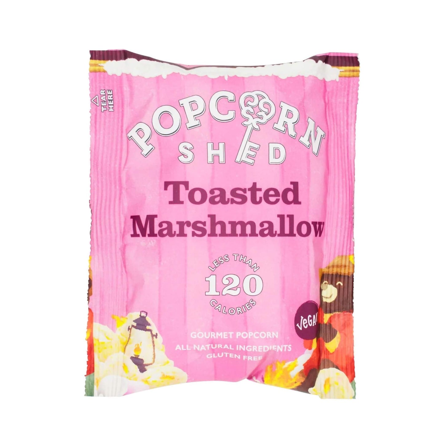 Vegan Toasted Marshmallow gourmet popcorn snack pack by Popcorn Shed – front of 24g sachet on pale background.