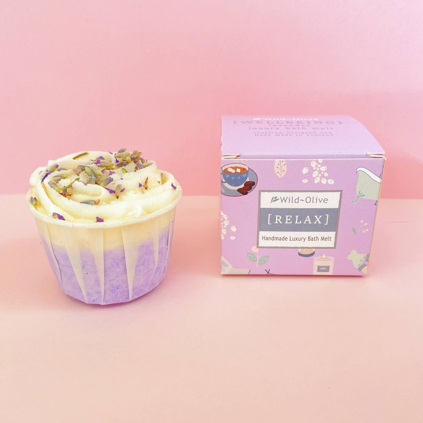 Wild Olive Relax bath melt and packaging – nourishing self-care gift with calming lavender oil