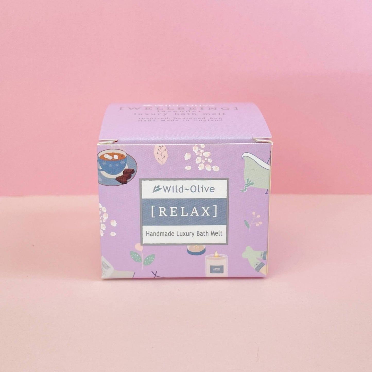 Wild Olive Relax lavender bath melt in purple gift box – handmade in the UK and perfect for pampering gift boxes or self-care treats