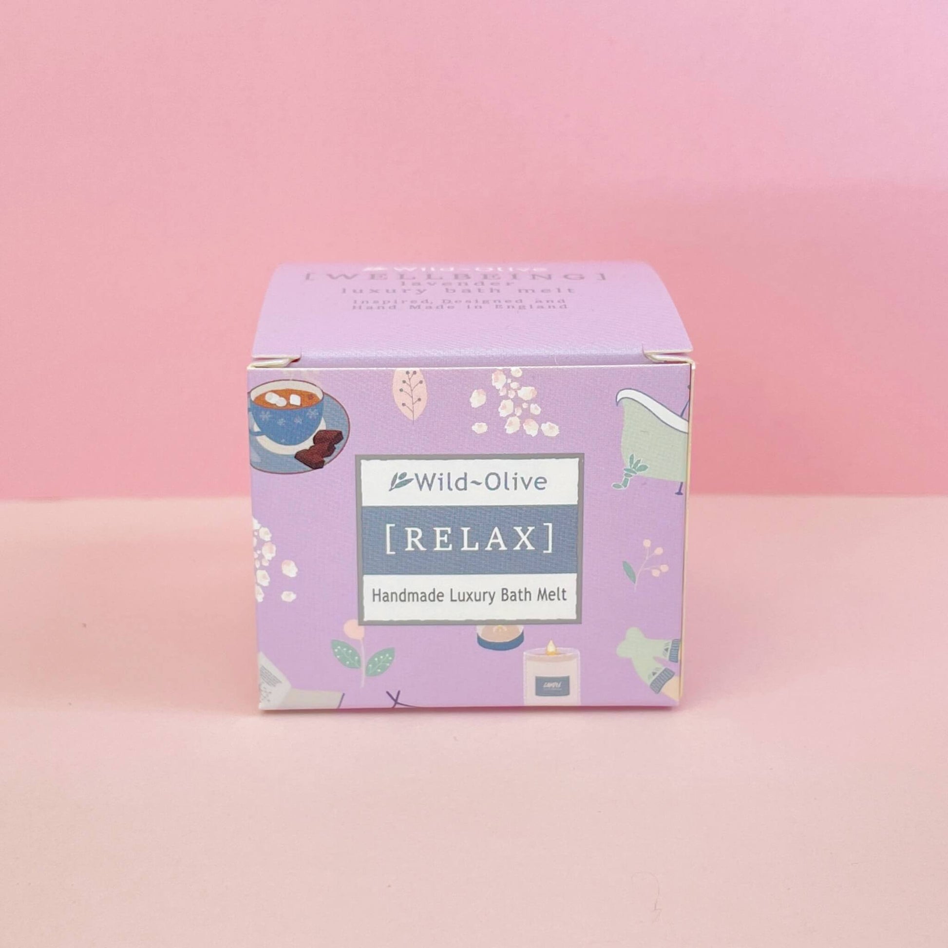 Wild Olive Relax lavender bath melt in purple gift box – handmade in the UK and perfect for pampering gift boxes or self-care treats