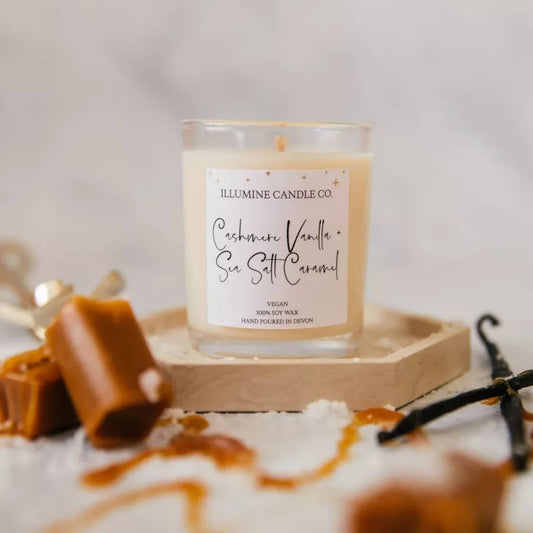 Cashmere Vanilla and Sea Salt Caramel soy wax candle by Illumine Candle Co, hand poured in Devon