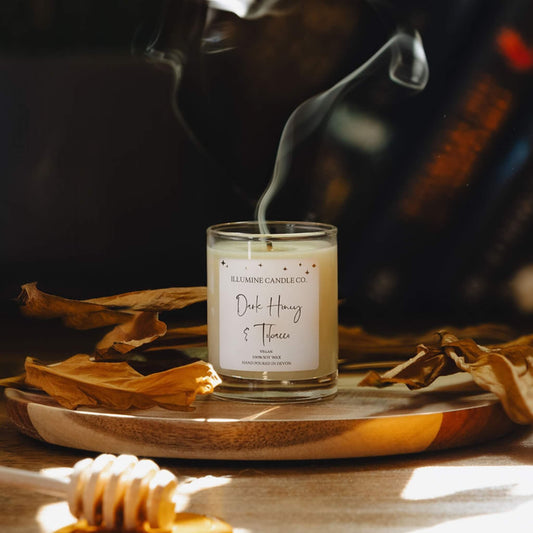 Dark Honey and Tobacco soy wax candle by Illumine Candle Co, hand-poured in Devon with smoke rising after burning
