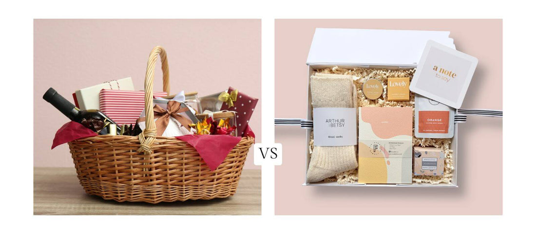 Gift box versus hamper comparison showing a traditional hamper basket beside a modern curated gift box with socks, notebook, bath treats and handwritten note.
