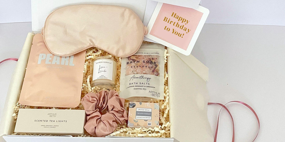 Luxury birthday gift box with silk eye mask, bath salts, candle, scrunchie and Happy Birthday to You notecard in white presentation box