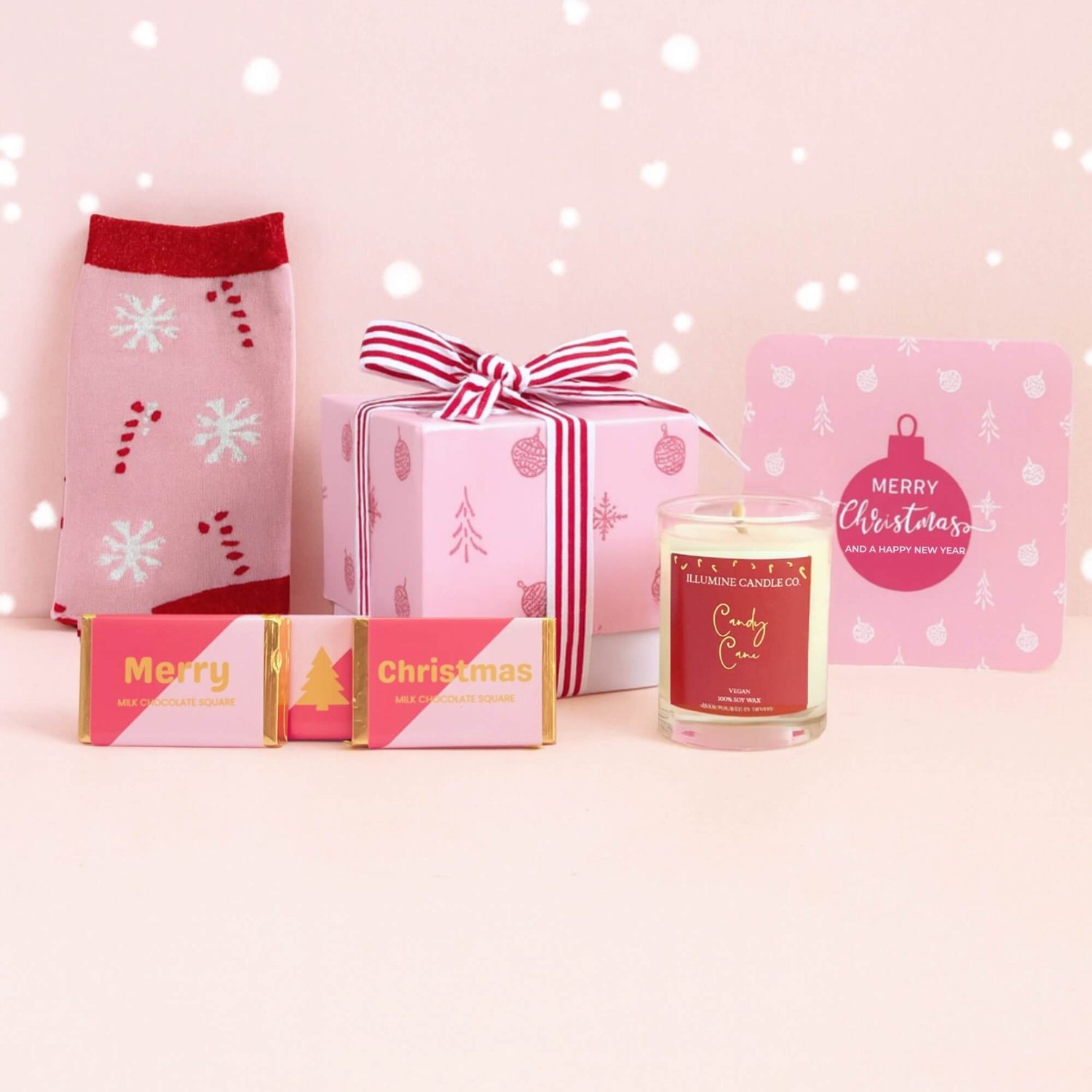 Pink Christmas themed gift box filled with festive treats all ready to send