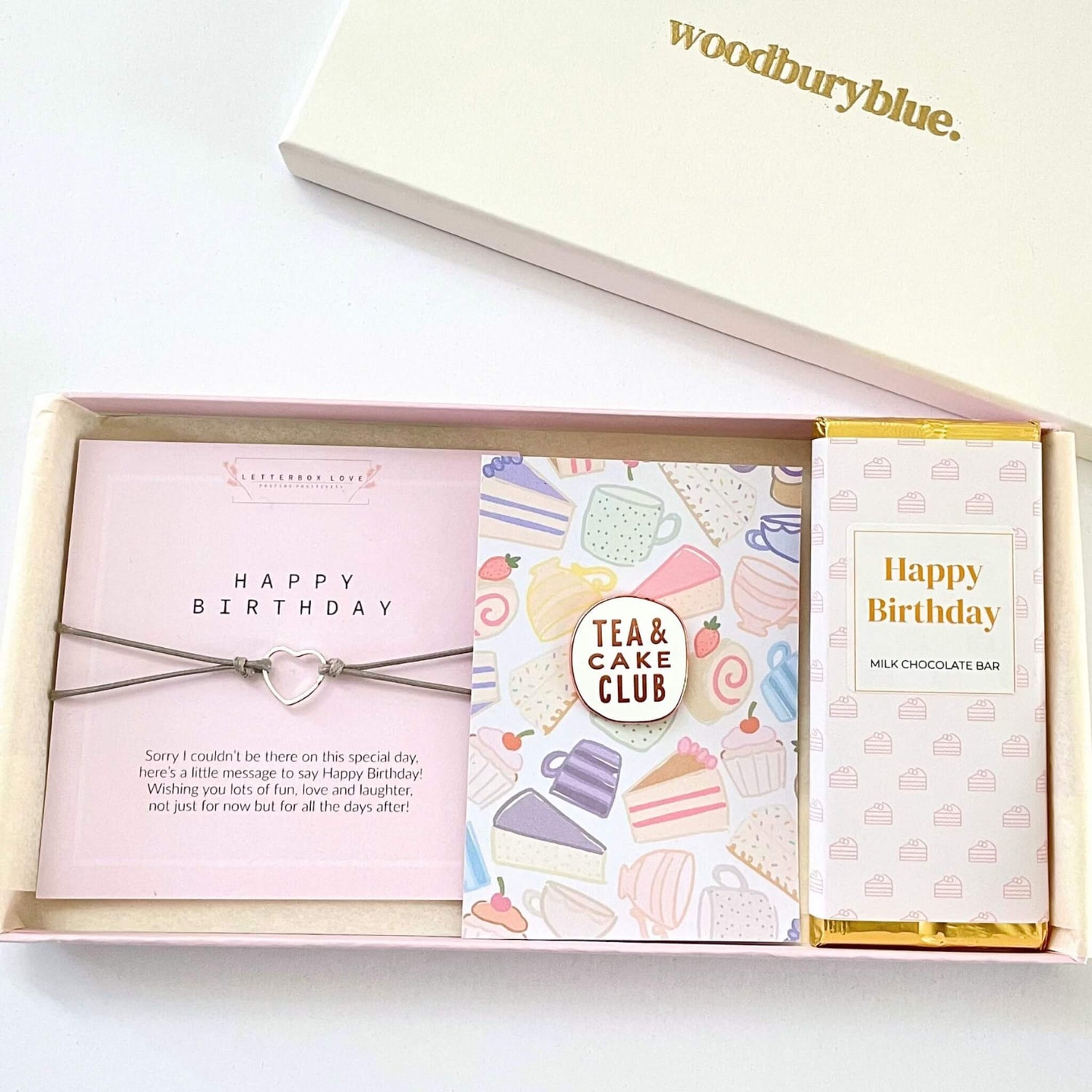 Birthday gift box with a sweet treat, bracelet and pin badge, ready to send with free UK delivery – perfect birthday gift hamper for her or him