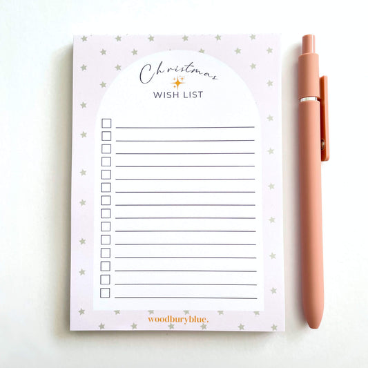 A6 Christmas wish list notepad in pink with green stars