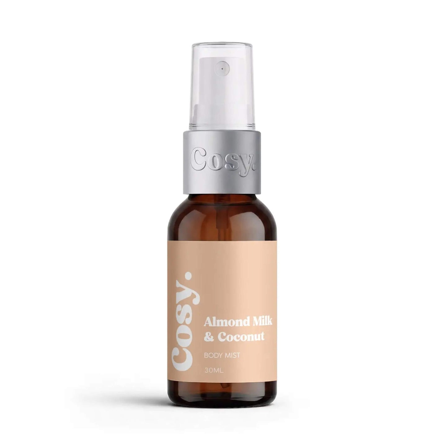 Almond Milk & Coconut Body Mist by Cosy Cosmetics in a 30ml amber spray bottle.