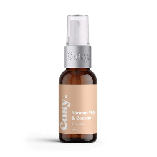 Almond Milk & Coconut Body Mist by Cosy Cosmetics in a 30ml amber spray bottle.