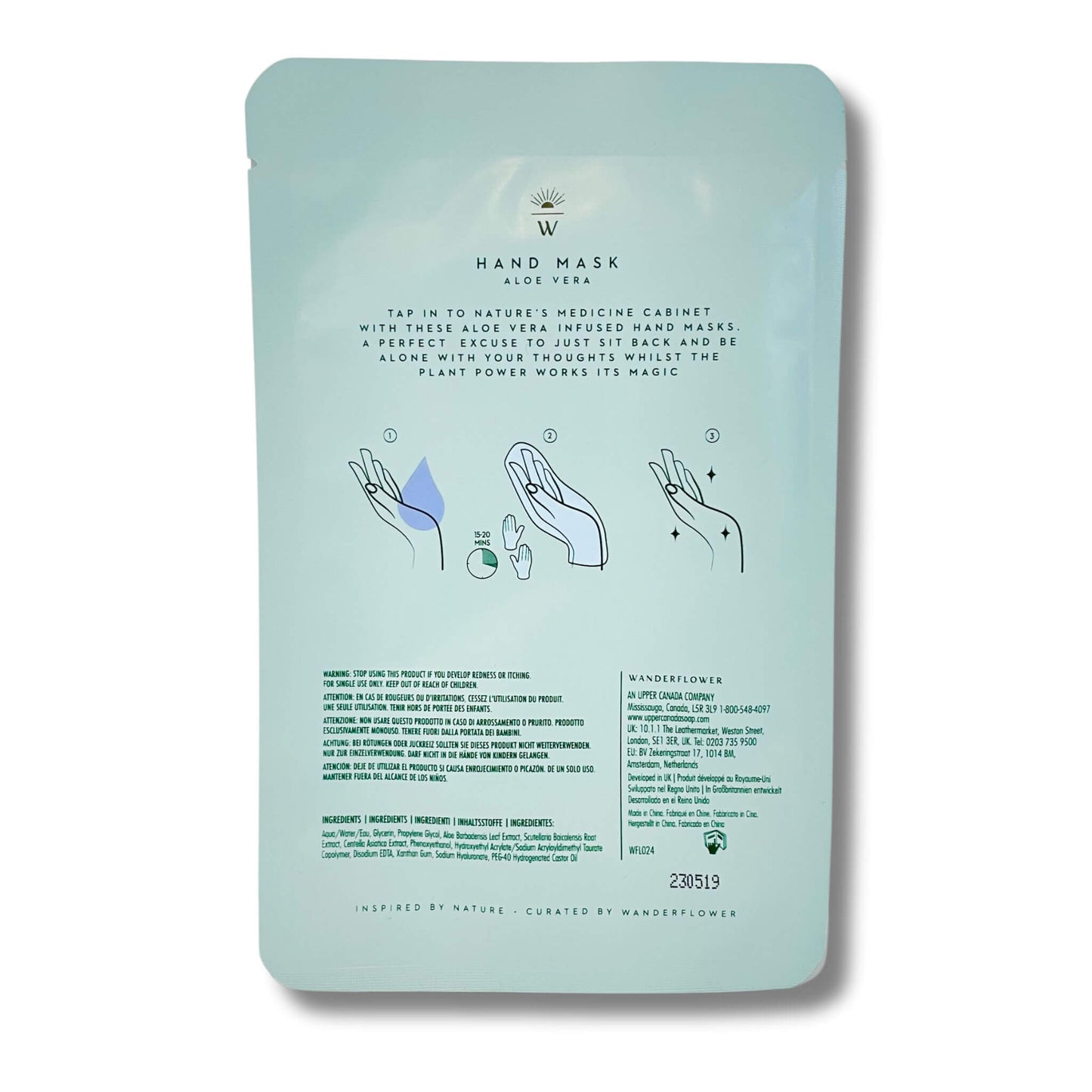 Back of the aloe vera hand mask pouch showing the intructions for use