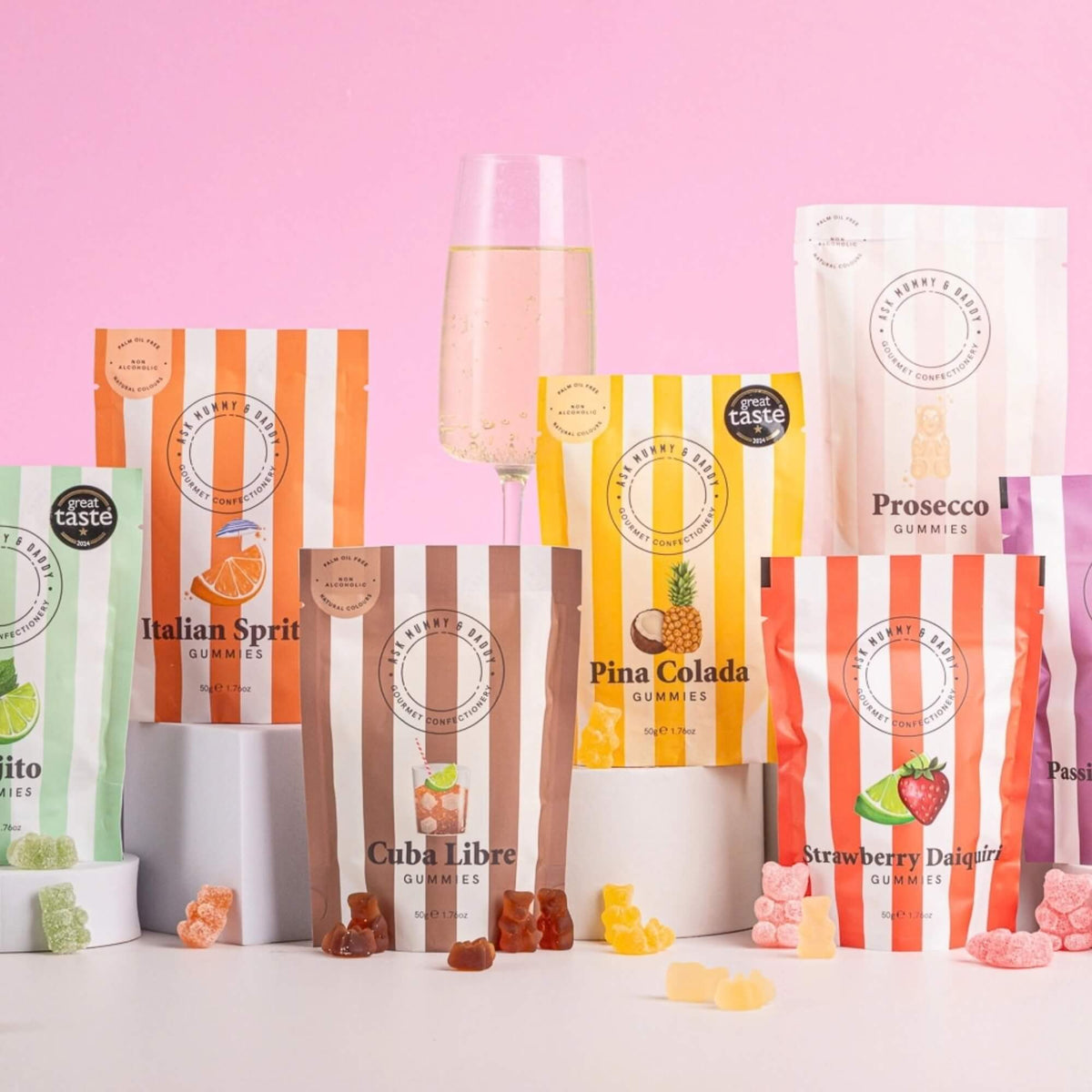 Colourful Ask Mummy & Daddy cocktail gummy sweet pouches including Italian Spritz, Prosecco, Piña Colada and Strawberry Daiquiri.