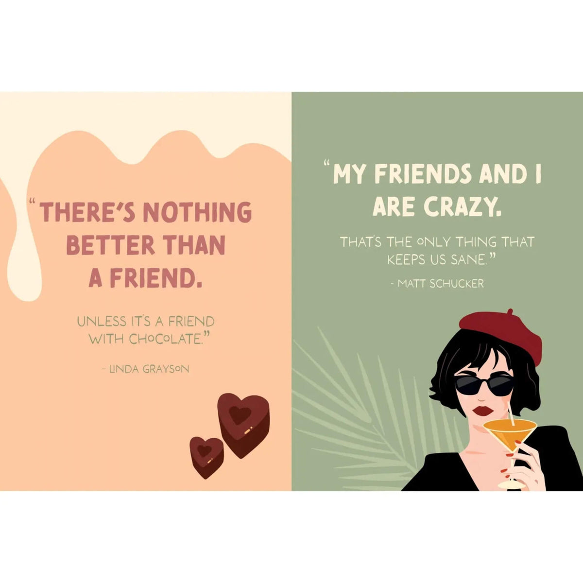 Inside pages of Why We’re Friends gift book with funny friendship quotes and colourful illustrations