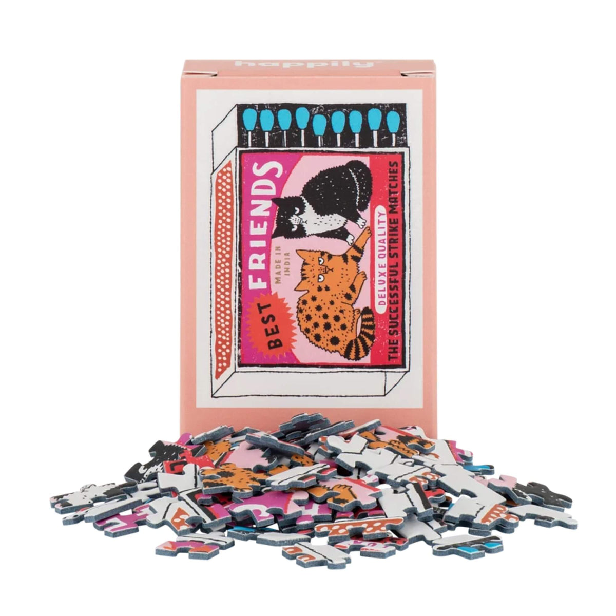 Best Friends Matches 99 piece mini jigsaw puzzle by Happily Puzzles with colourful pieces and pink box