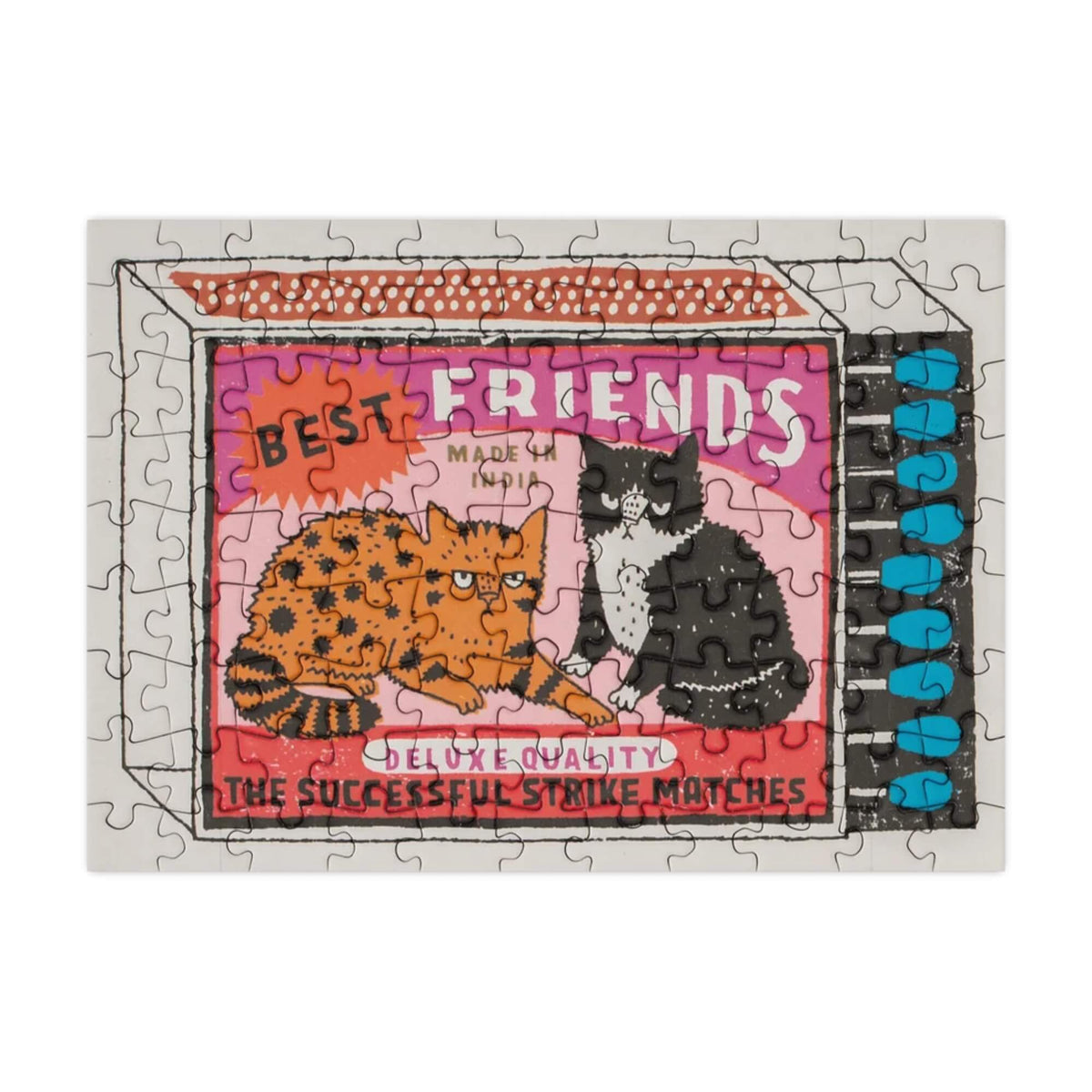 Completed Best Friends Matches mini jigsaw puzzle featuring two illustrated cats on a vintage-style matchbox