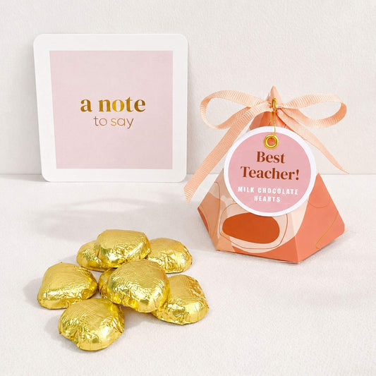 Best Teacher chocolate box with gold foiled milk chocolate hearts, peach ribbon, gift tag and notecard