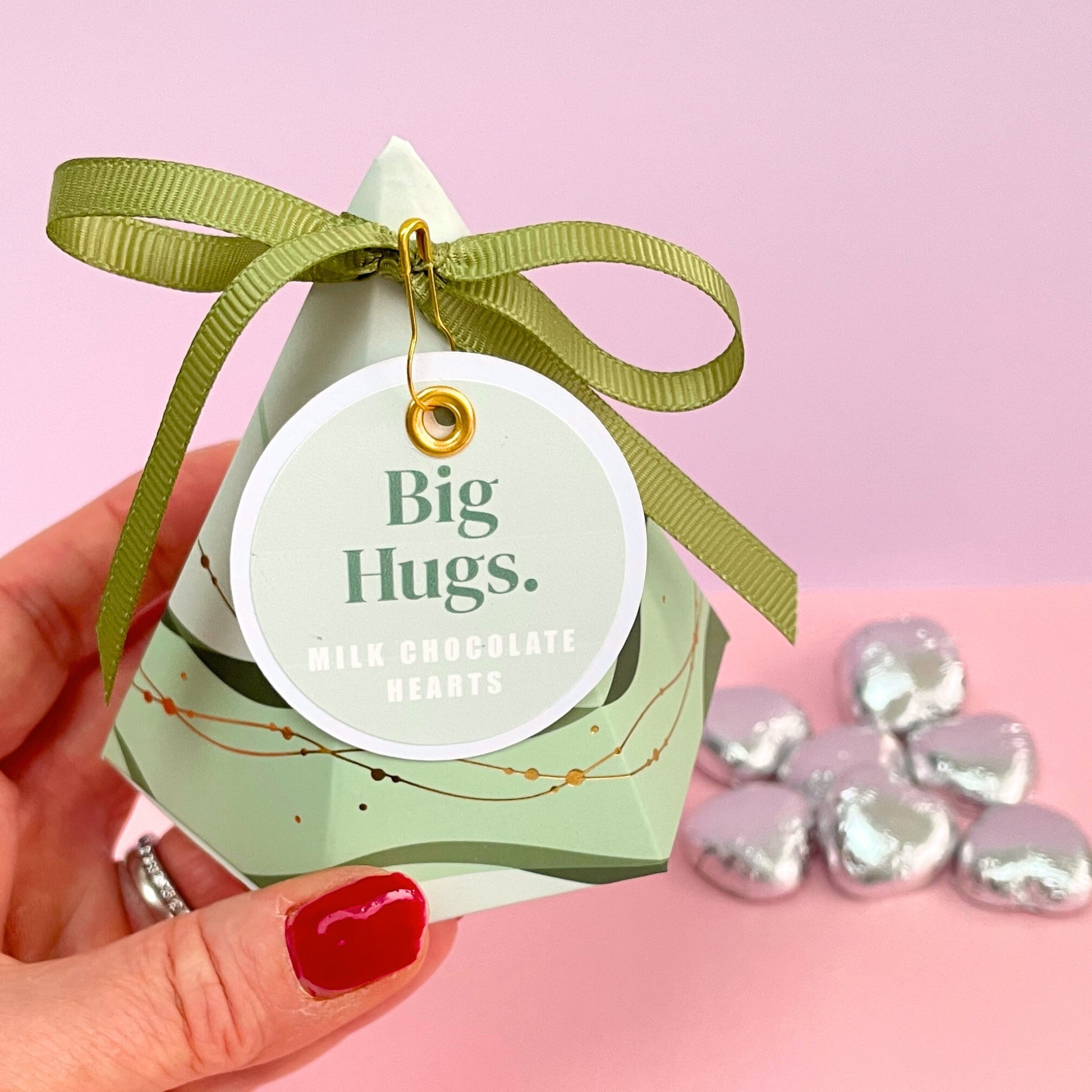 Green pyramid big hugs gift box with milk chocolate hearts