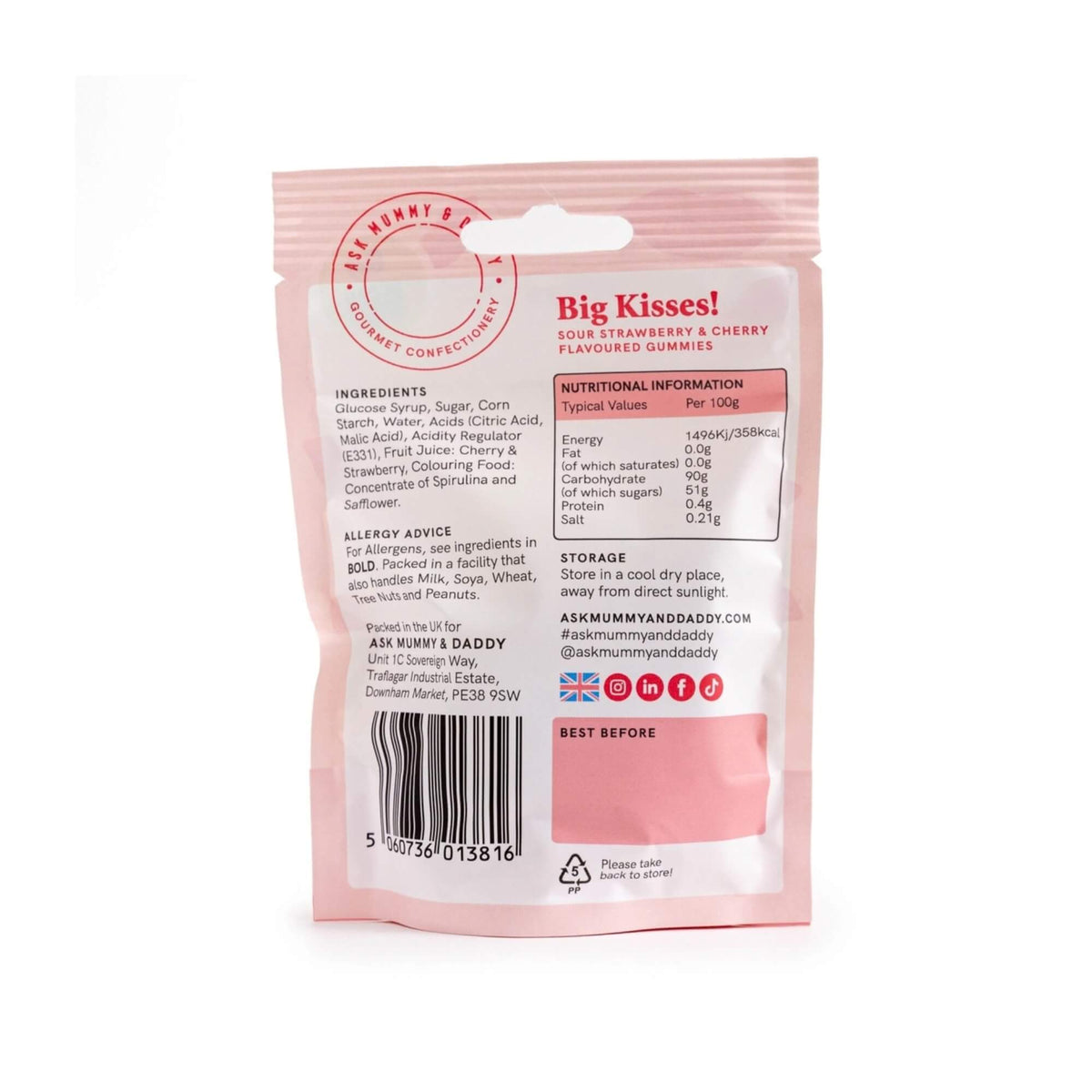 Back of Big Kisses sour gummy sweets pouch showing ingredients and nutritional information