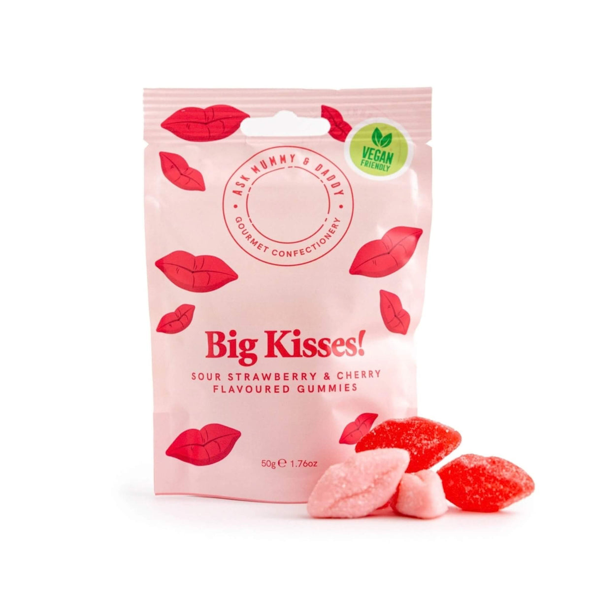 Ask Mummy & Daddy Big Kisses sour strawberry and cherry gummy sweets in a pink 50g pouch