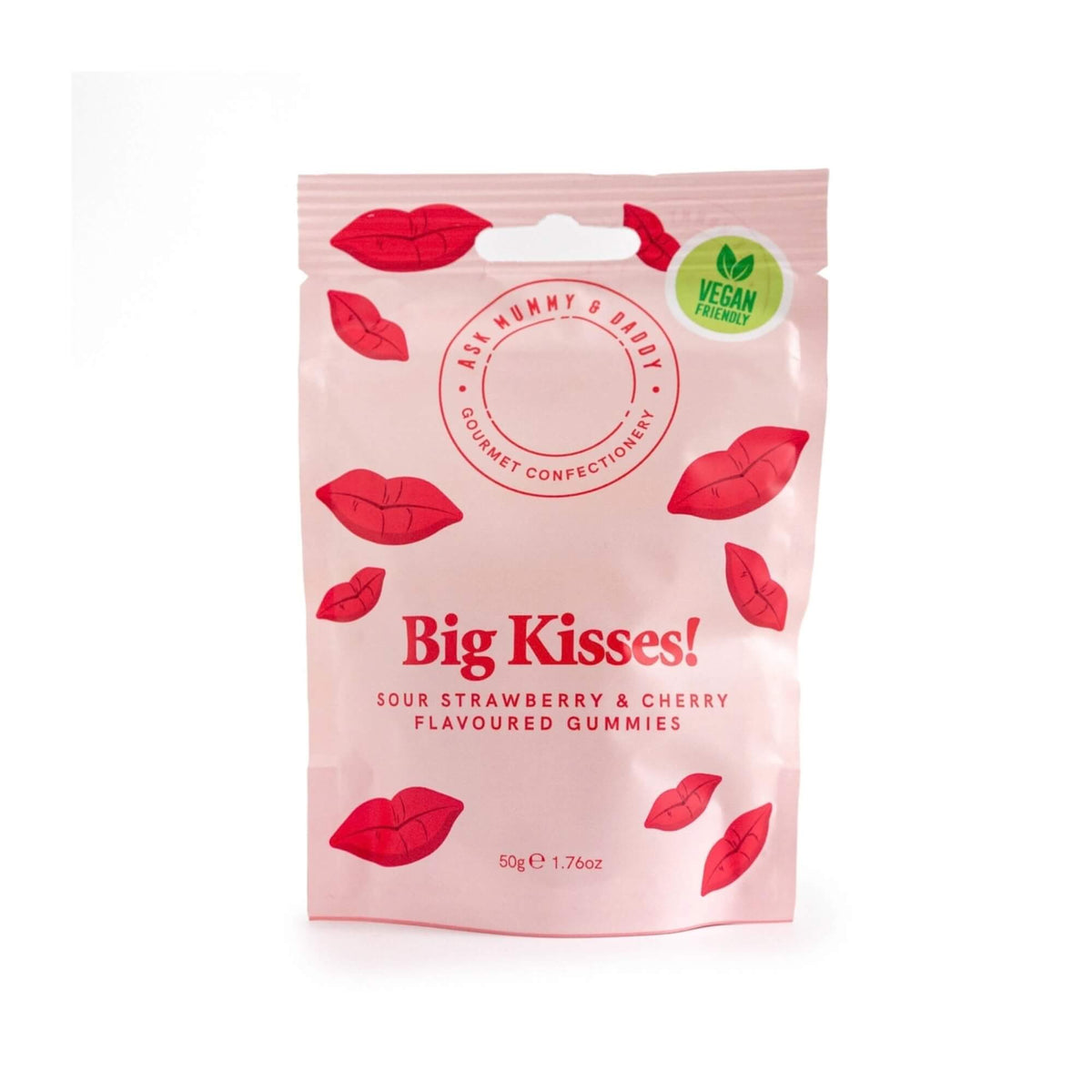 Front of Big Kisses vegan strawberry and cherry gummy sweets pouch by Ask Mummy & Daddy