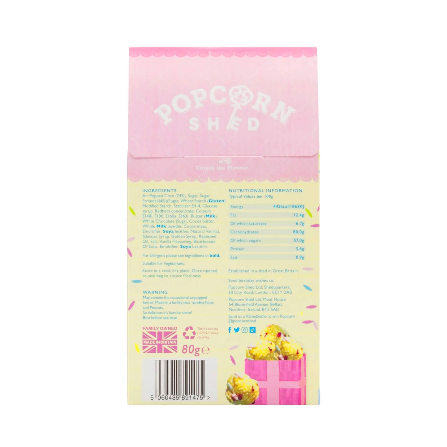 Back of Birthday Cake Gourmet Popcorn 80g gift box showing ingredients, nutrition information and storage instructions.