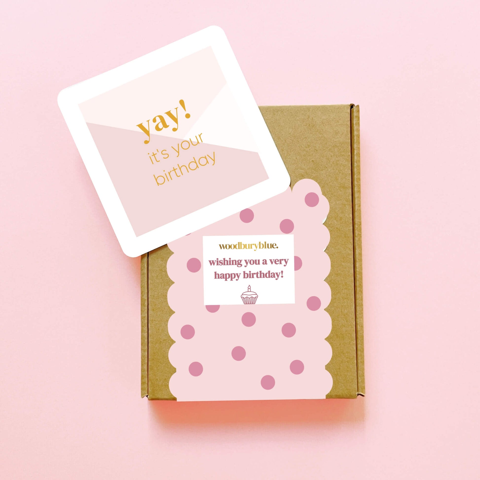 Birthday gift box with yay it’s your birthday card and pink polka dot label by Woodbury Blue.