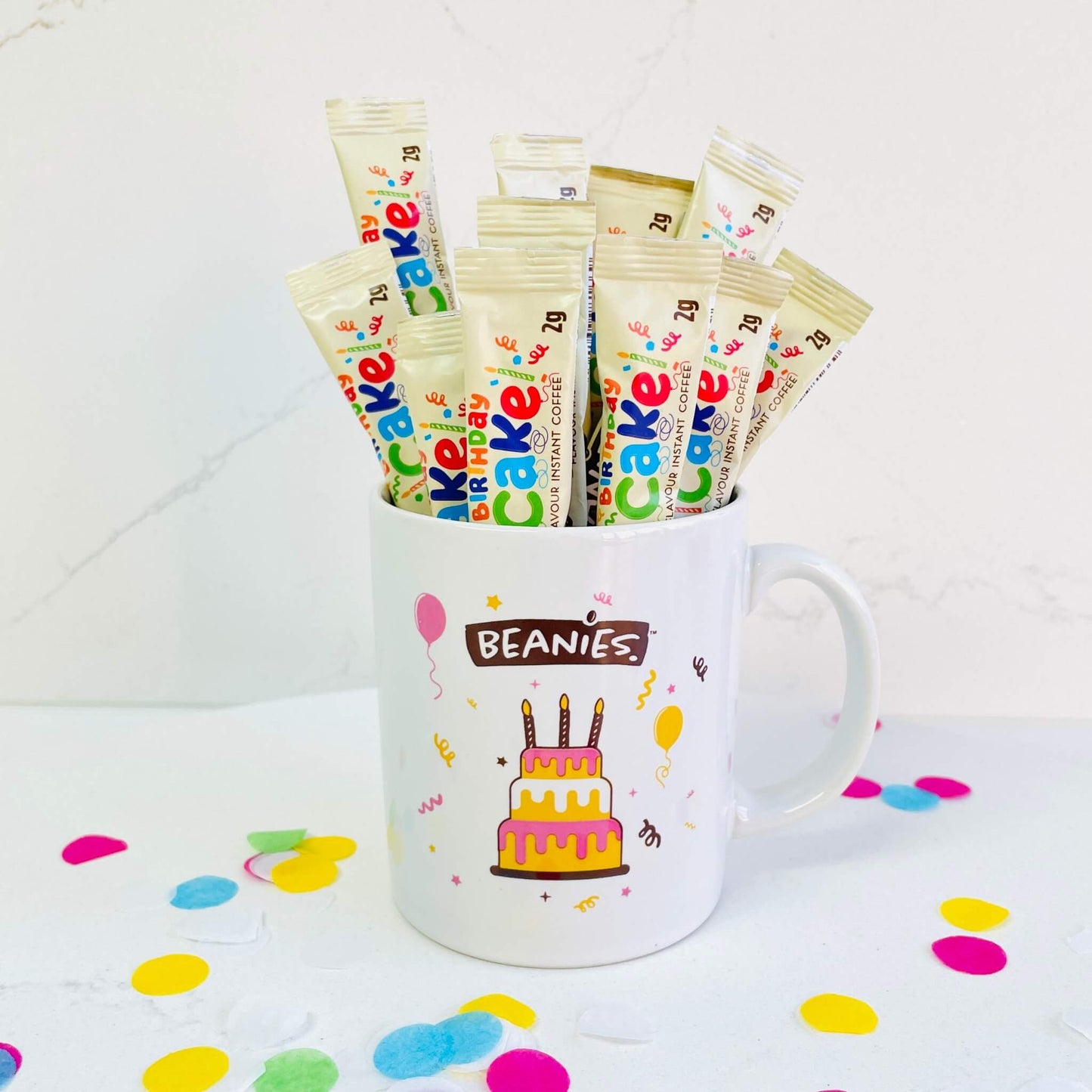 Beanies birthday mug filled with birthday cake flavoured coffee sticks